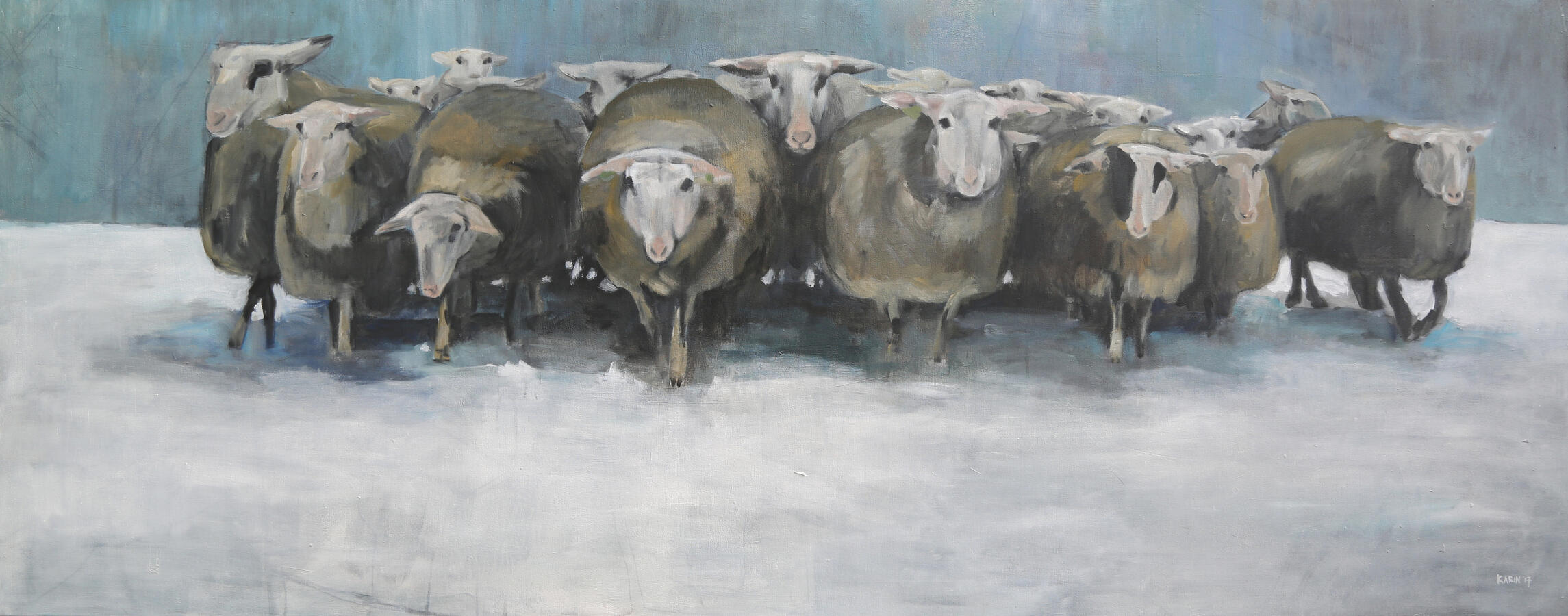 schapen in de sneeuw, 80x150cm, € 800,- verkocht