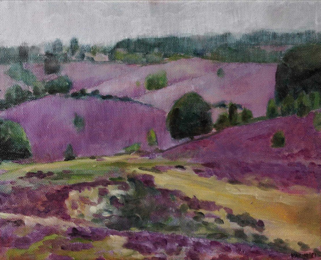 Paarse heide, 20x30cm, olieverf op doek, €250,-