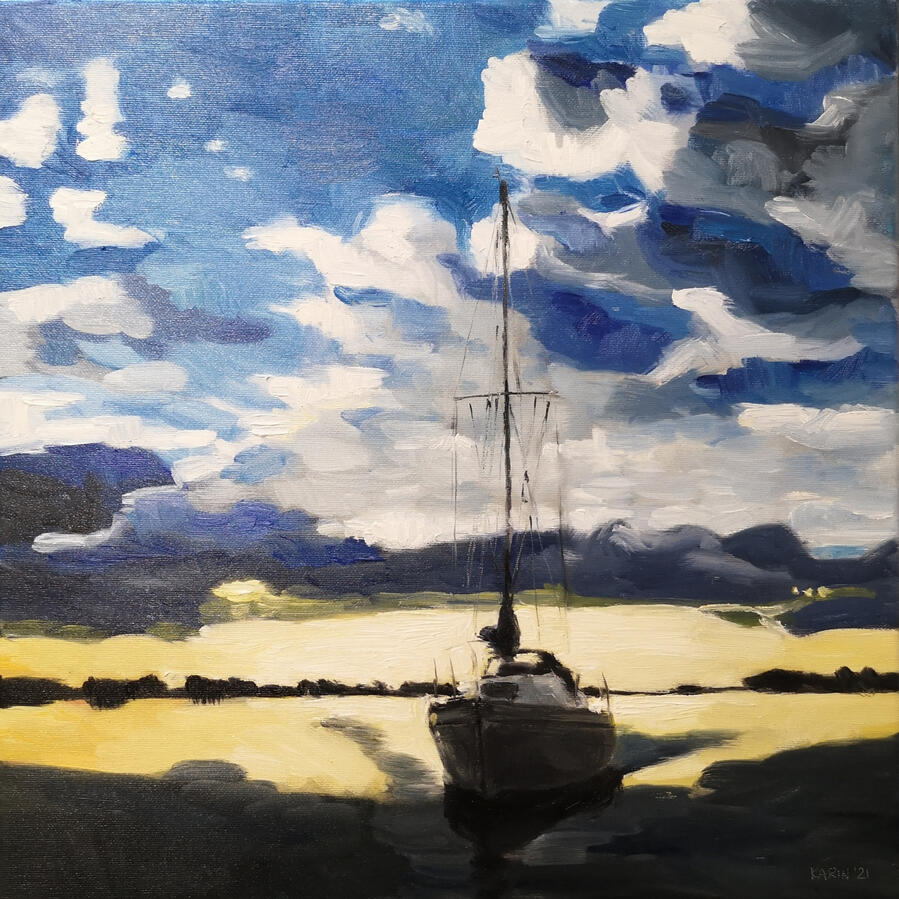 zeilboot met zonsondergang, 40x40cm, olievef op doek, €350,-
