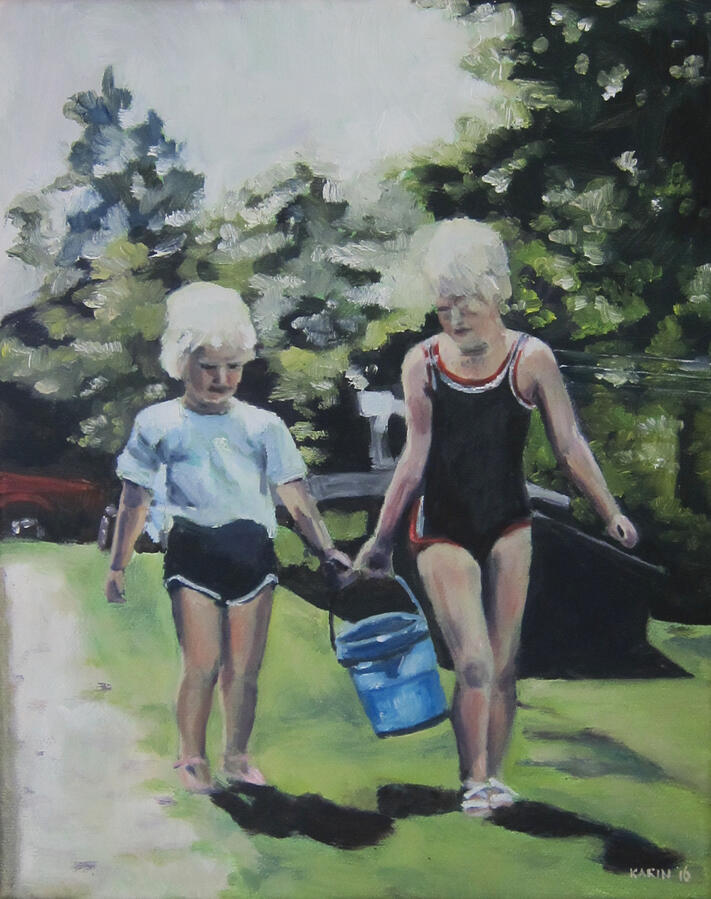 Emmer water halen, 18x23 cm, olieverf op doek, ntk