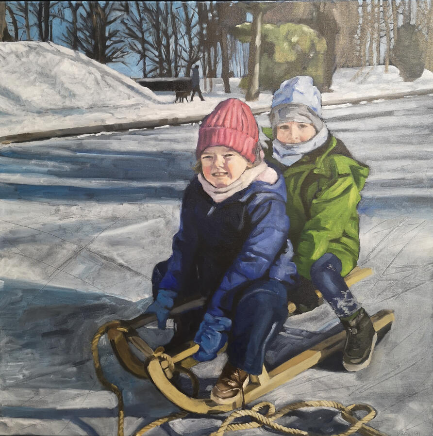 Winterpret, olieverf op doek, 60x60cm, in opdracht