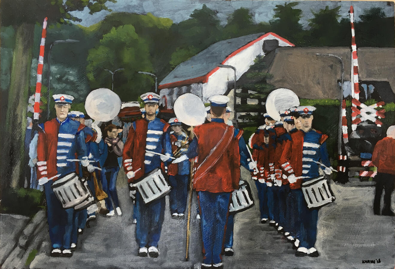 March&showband, 20x29cm, olieverf op mfd, €325,-