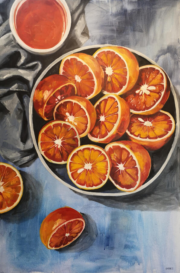 Bloedsinaasappels in schaal, 100x150cm, olieverf op doek, € 1450,-