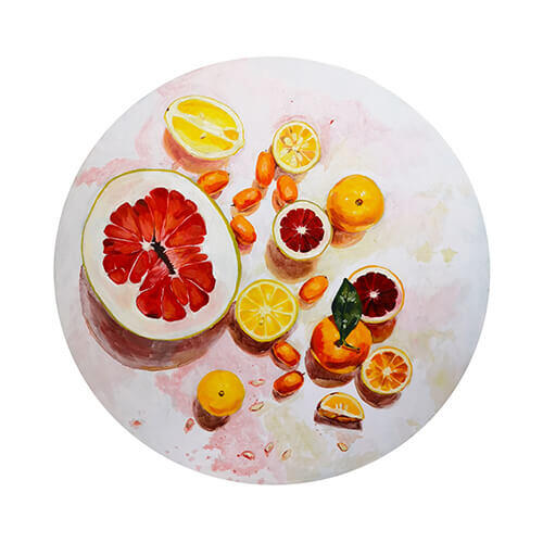 Fruit in het rond, diameter 60 cm, olieverf op doek, € 550,-
