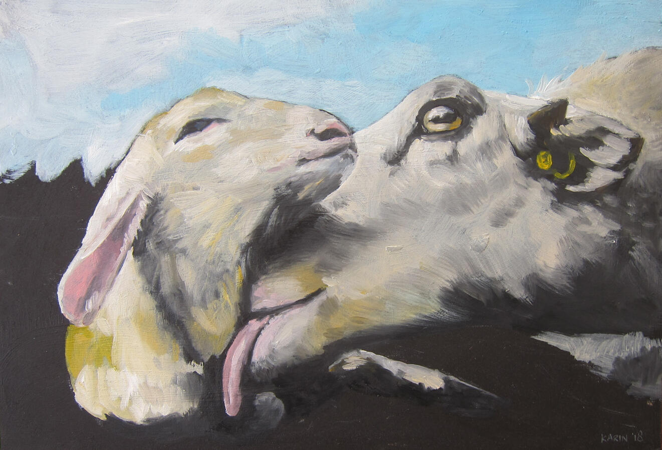 Lammetje met moeder, 20x29cm, olieverf op mdf, € 130,-
