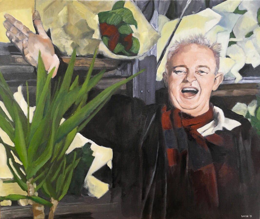 Broekies op de markt, olieverf op doek, 60 x 80 cm, in opdracht