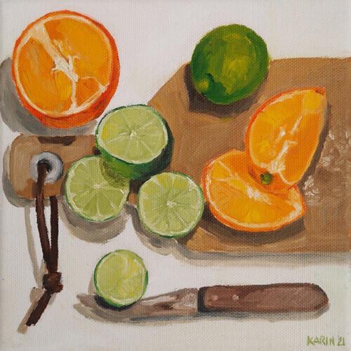 Fruit op plank, 20×20 cm, olieverf op doek, € 150,-