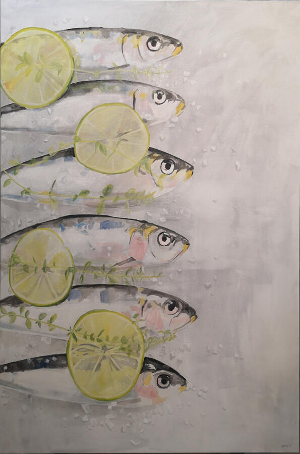 sardientjes met limoen, tijm en zout, 100x150cm, € 1450,-