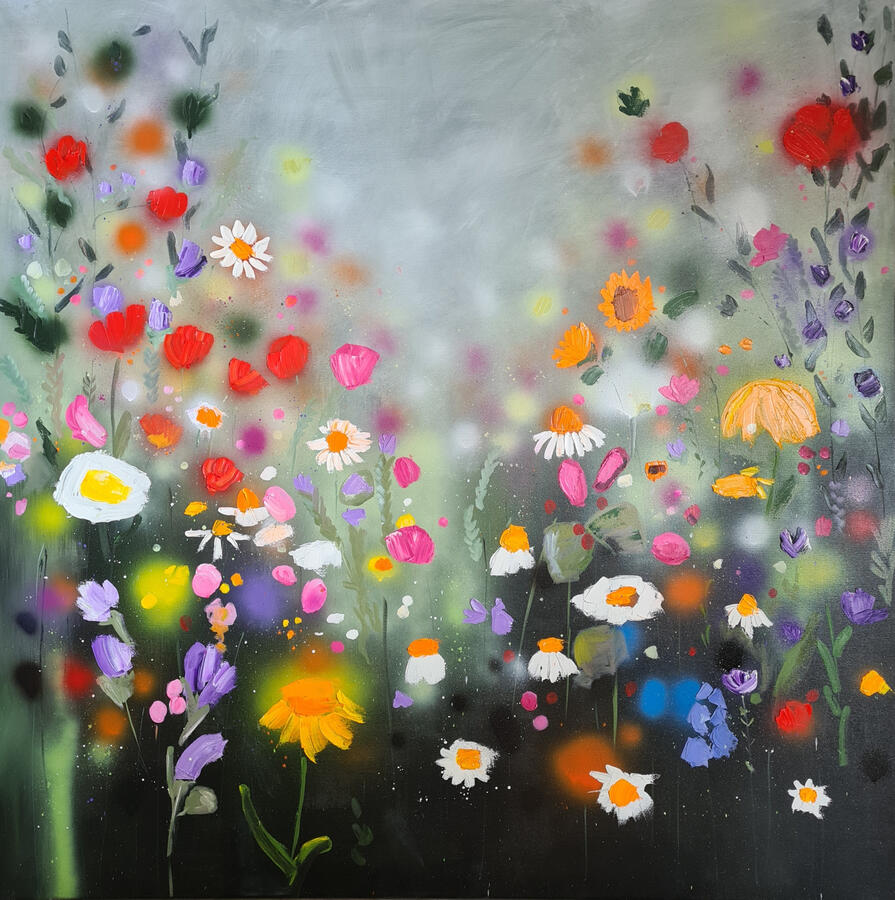 VERKOCHT Bloemenzee, mix media, 100 x 100 cm