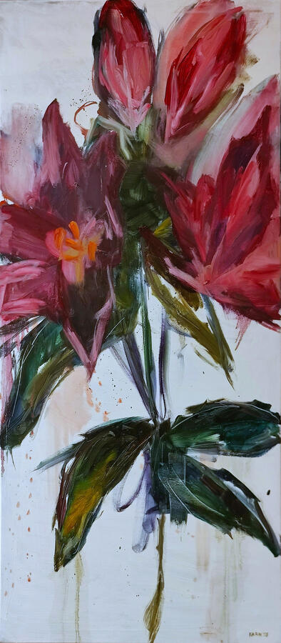 bloemexplosie, olieverf op doek, 30 x 90 cm, €350,-