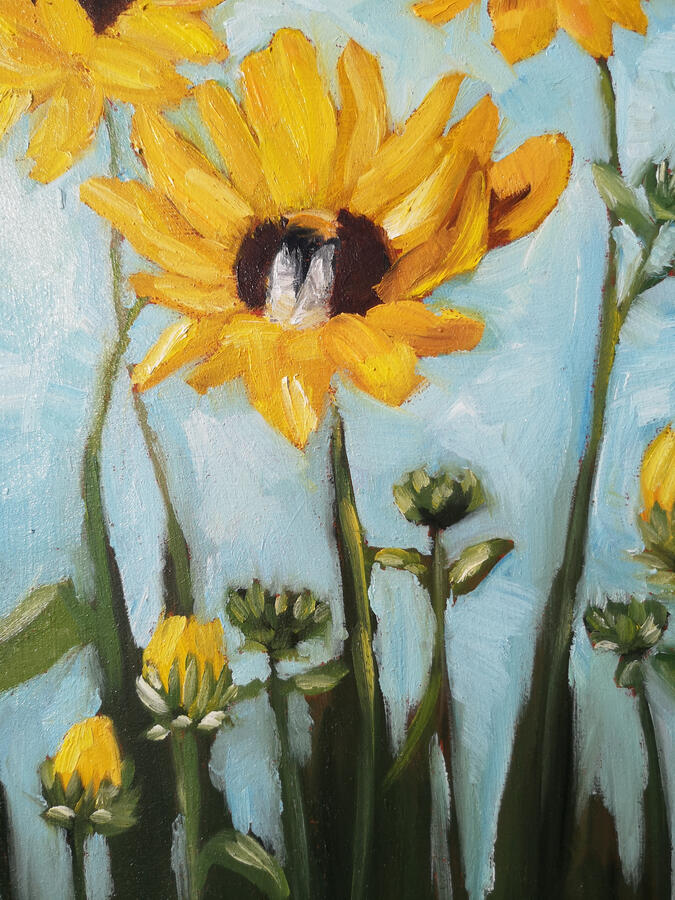 kleine zonnebloem, olieverf op paneel, 20 x 30 cm, €250,-